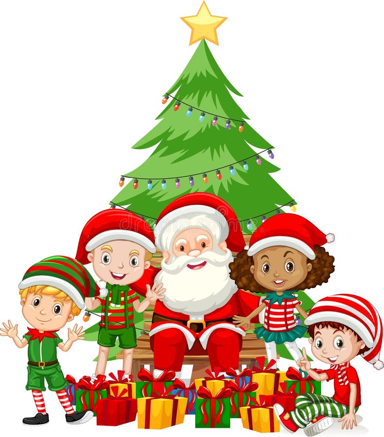 Santa Claus Con Niños Llevan Traje De Navidad Personaje De Dibujos Animados  Sobre Fondo Blanco Ilustración del Vector - Ilustración de divertido,  clima: 207563484