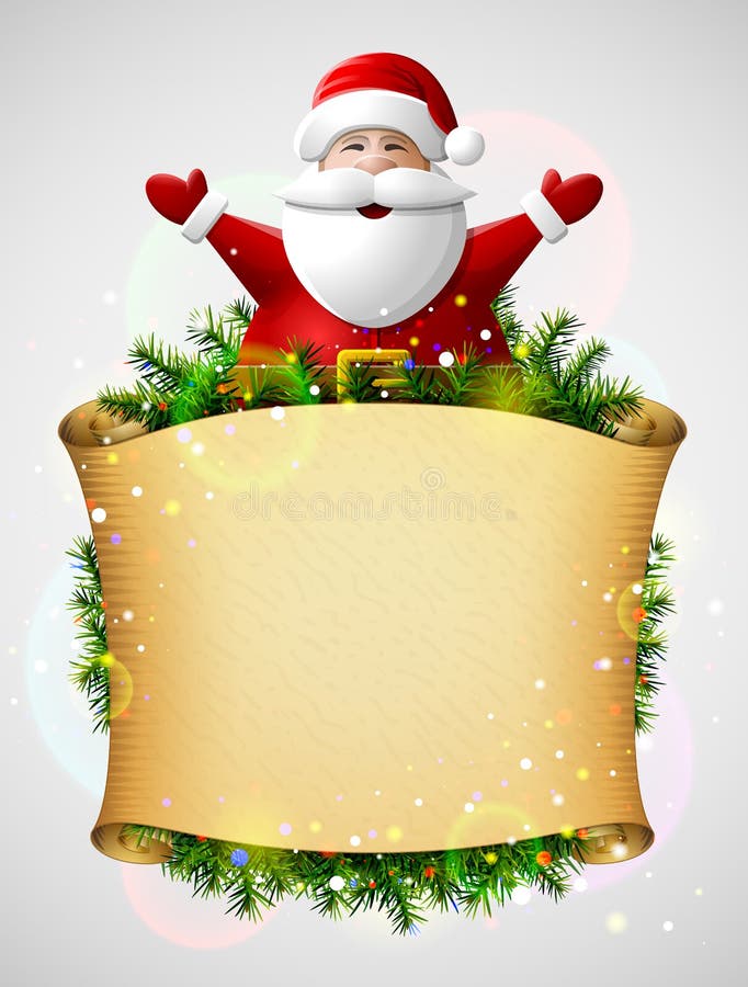 Santa Claus con sus manos para arriba sobre voluta del papel de la Navidad stock de ilustración Santa Claus con sus manos para arriba sobre voluta del papel de la Navidad stock de ilustración