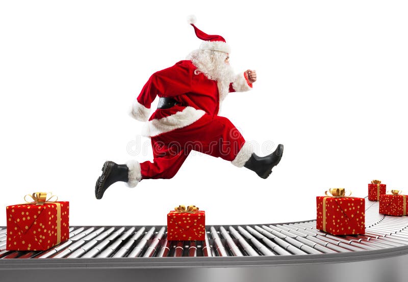Santa Claus corre na correia transportadora para arranjar entregas no tempo do Natal