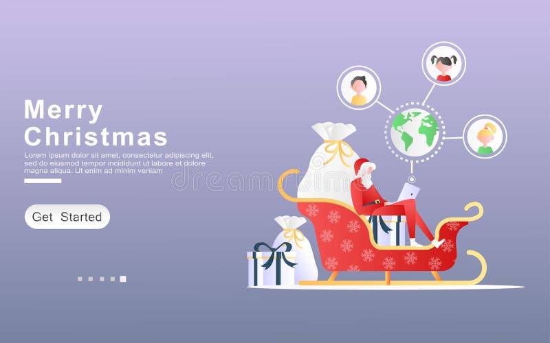 A santa claus costume man on a sled carrying gifts, bag, looking at gift data map for children in the world. Flat cartoon vector