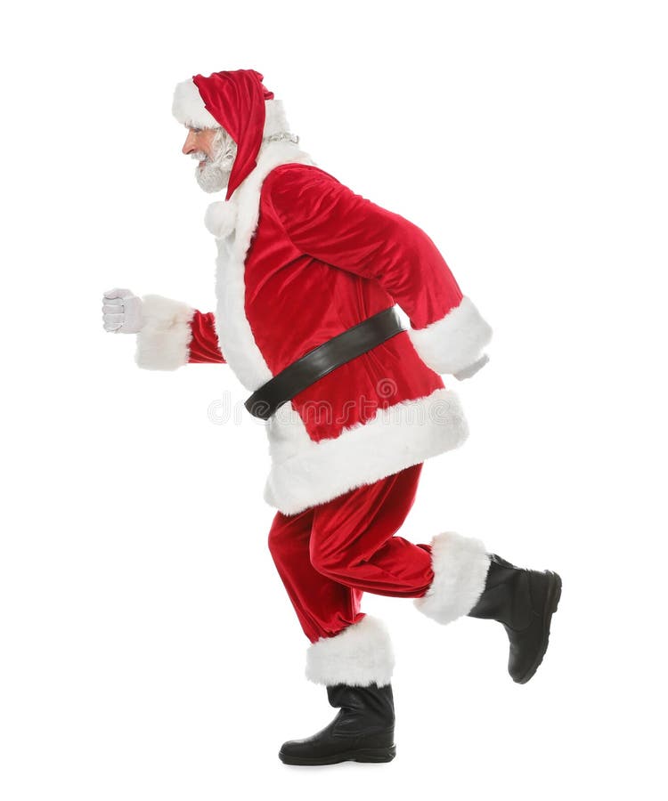 Santa Claus de corrida no fundo branco imagem de stock Santa Claus de corrida no fundo branco imagem de stock