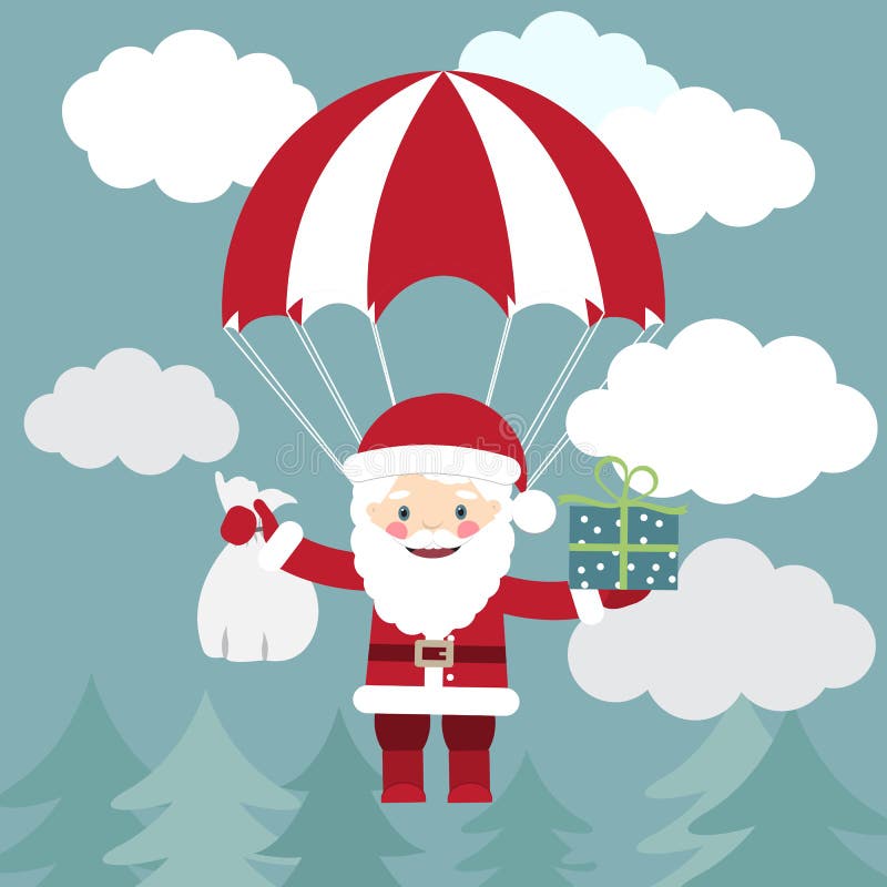 Santa Claus die met een valscherm vliegen met stelt in de hemel voor Ve royalty-vrije illustratie Santa Claus die met een valscherm vliegen met stelt in de hemel voor Ve royalty-vrije illustratie