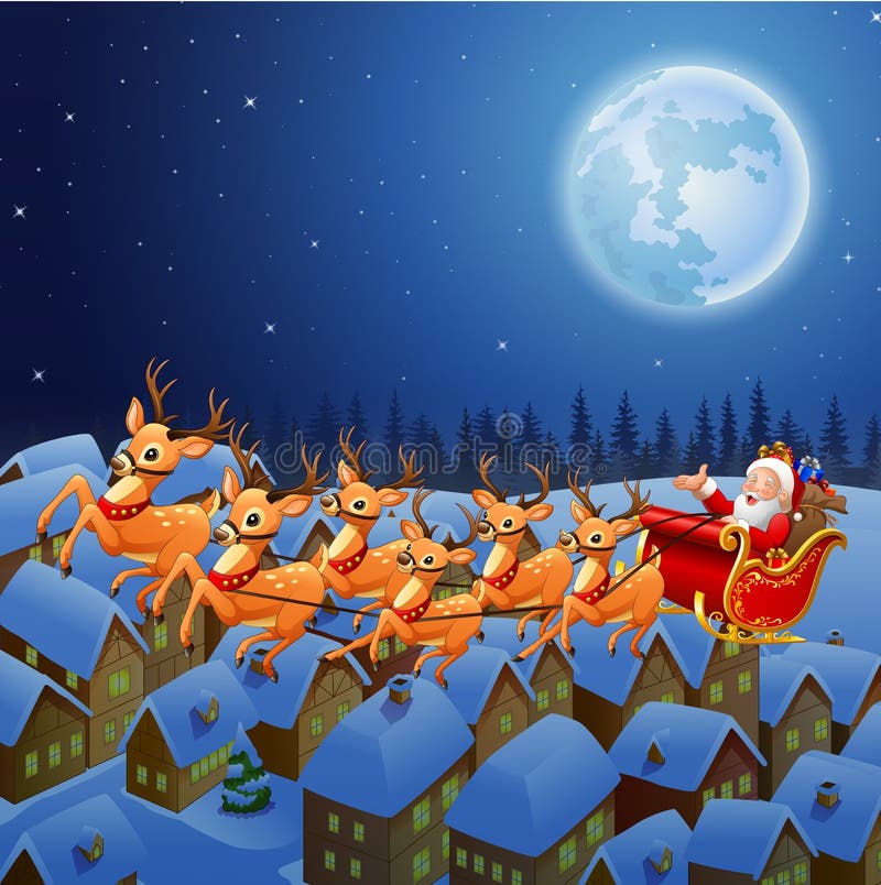 Santa Claus, die sein Renpferdeschlittenfliegen im Himmel reitet vektor abbildung Santa Claus, die sein Renpferdeschlittenfliegen im Himmel reitet vektor abbildung