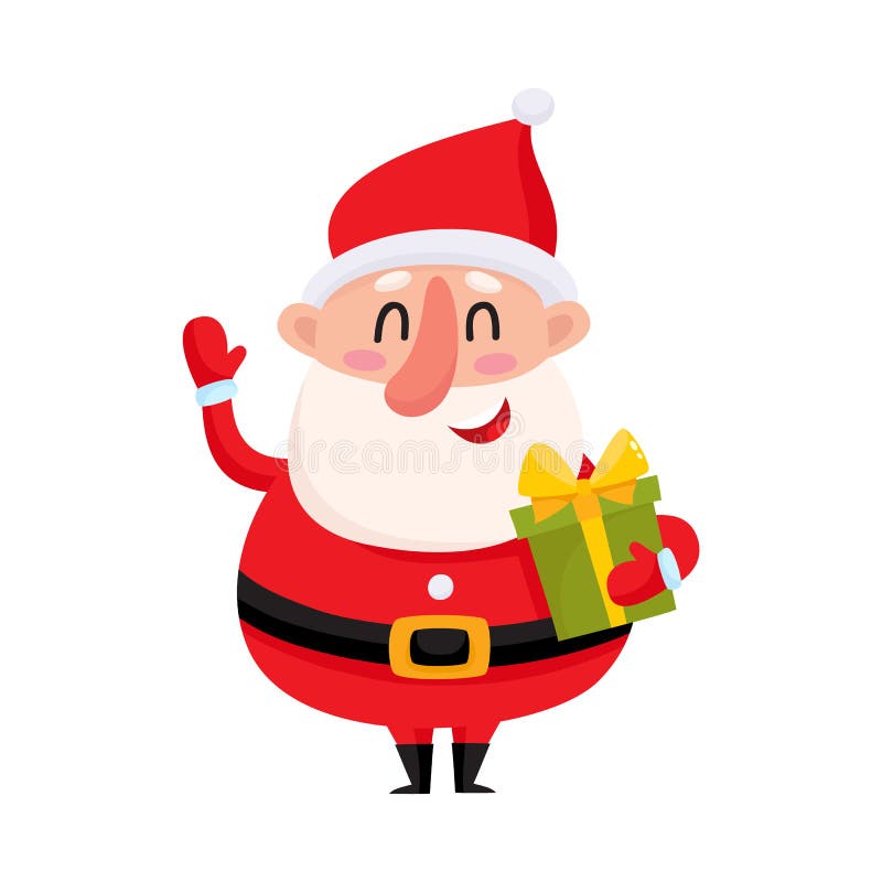 Santa Claus divertida que sostiene el regalo de la Navidad y que agita la mano ilustración del vector Santa Claus divertida que sostiene el regalo de la Navidad y que agita la mano ilustración del vector