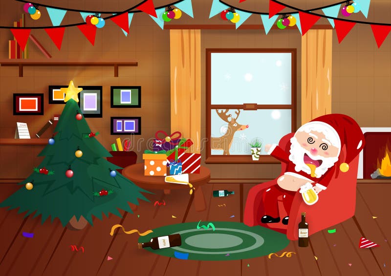 Santa Claus drunk on Christmas night, flat interior, party celebration cartoon poster, postcard, winter holiday season background