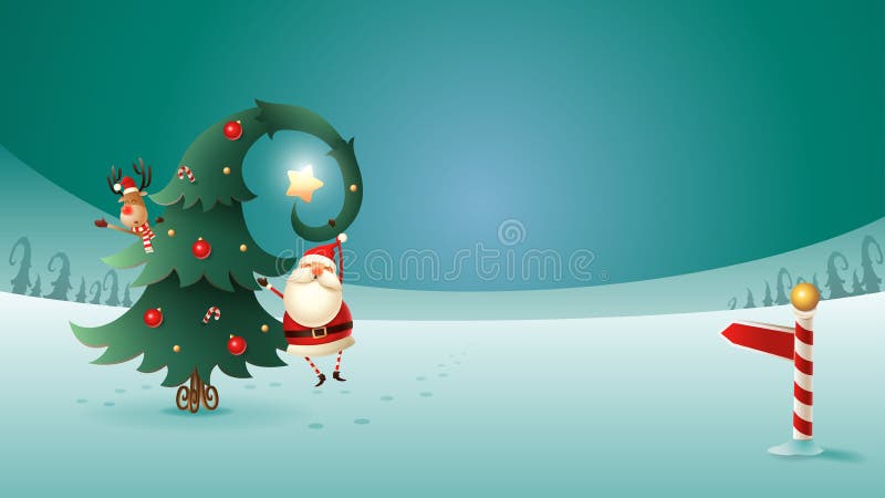 Santa Claus e a rena com a árvore de Natal no inverno ajardinam Sinal do Polo Norte
