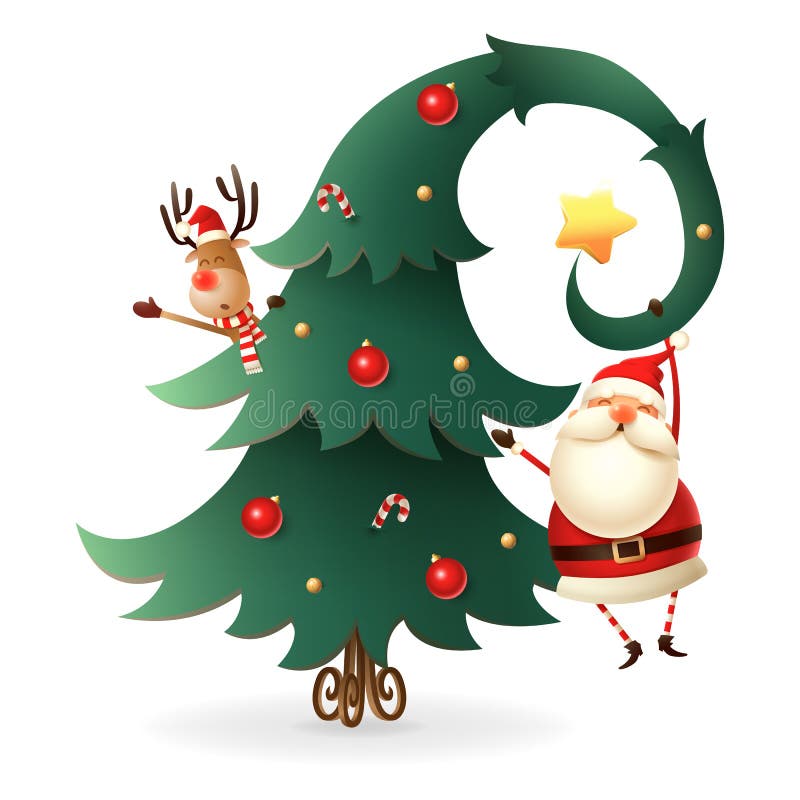 Santa Claus e rena em torno da árvore de Natal no fundo transparente Estilo escandinavo dos gnomos