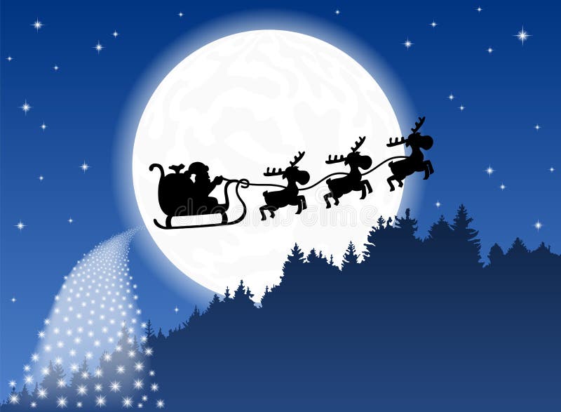 Santa Claus e seu trenó da rena backlit pelo ilustração do vetor Santa Claus e seu trenó da rena backlit pelo ilustração do vetor