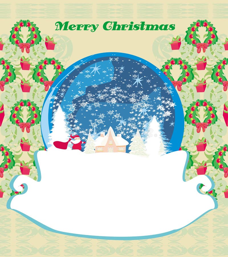 Santa Claus en una bola de cristal, tarjeta de Navidad retra libre illustration Santa Claus en una bola de cristal, tarjeta de Navidad retra libre illustration