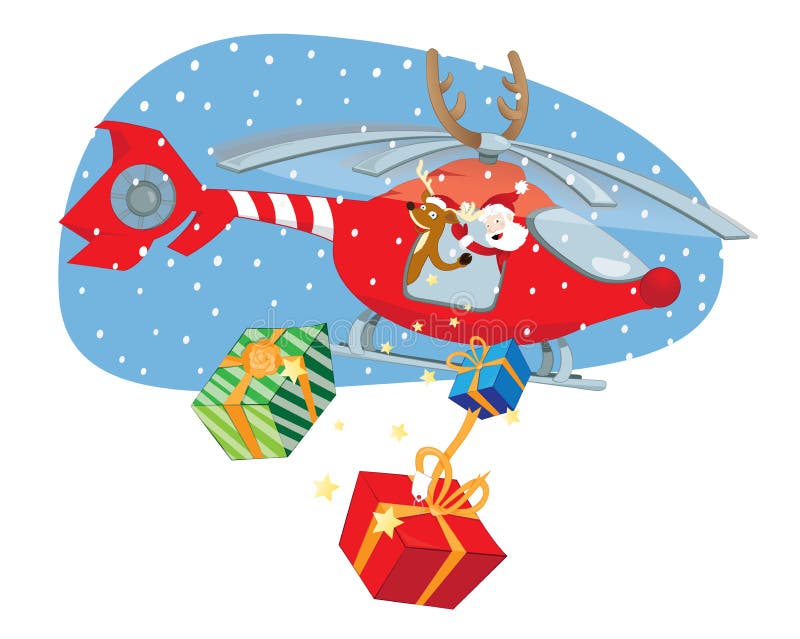 A vector cartoon representing a funny Santa Claus and a reindeer helper flying in a decorated helicopter and delivering presents on Christmas day, Fast shipping and modernity concept. A vector cartoon representing a funny Santa Claus and a reindeer helper flying in a decorated helicopter and delivering presents on Christmas day, Fast shipping and modernity concept