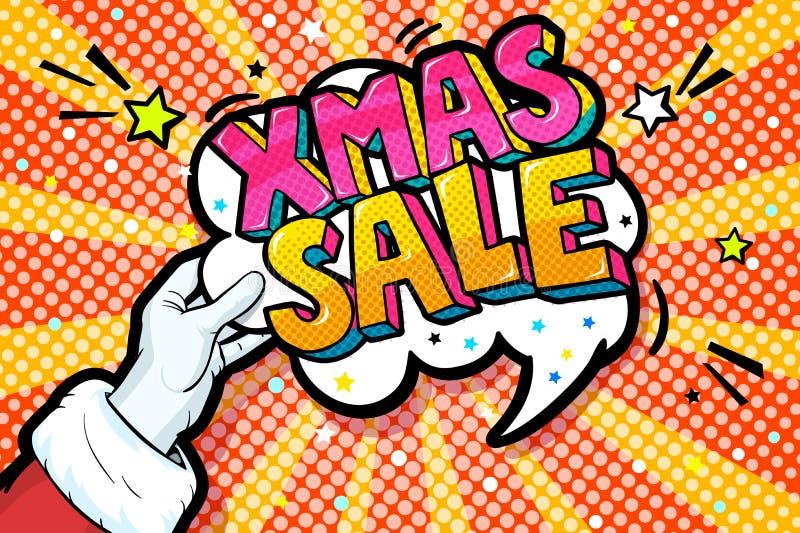 Santa Claus entrega traje rojo y manita blanca mostrando burbuja de palabras con mensaje de venta de Navidad libre illustration Santa Claus entrega traje rojo y manita blanca mostrando burbuja de palabras con mensaje de venta de Navidad libre illustration