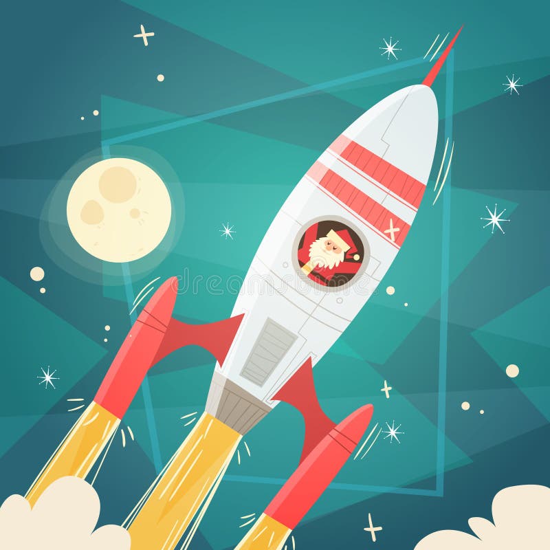 Santa Claus Flying In Space Rocket in Hemel met Maan, Vrolijke Kerstmis en Gelukkige Nieuwjaarbanner stock illustratie Santa Claus Flying In Space Rocket in Hemel met Maan, Vrolijke Kerstmis en Gelukkige Nieuwjaarbanner stock illustratie