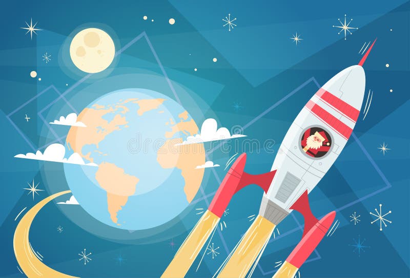 Santa Claus Flying In Space Rocket over Aardeplaneet, Vrolijke Kerstmis en Gelukkige Nieuwjaarbanner vector illustratie Santa Claus Flying In Space Rocket over Aardeplaneet, Vrolijke Kerstmis en Gelukkige Nieuwjaarbanner vector illustratie