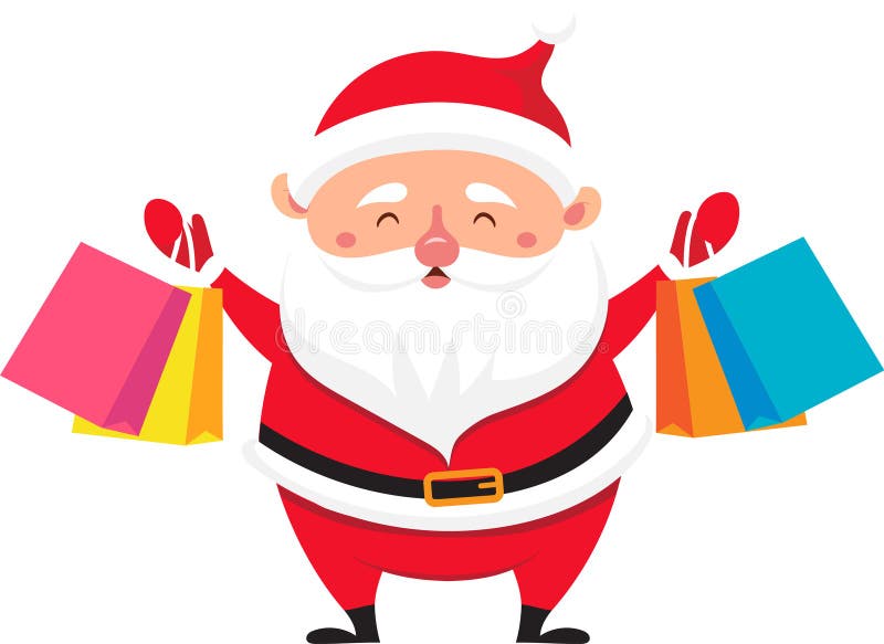 Santa claus fröhlich mit farbenfrohen Einkaufstaschen, die sich auf Weihnachten vorbereiten und feierlichen Beifall spenden, und lizenzfreie abbildung