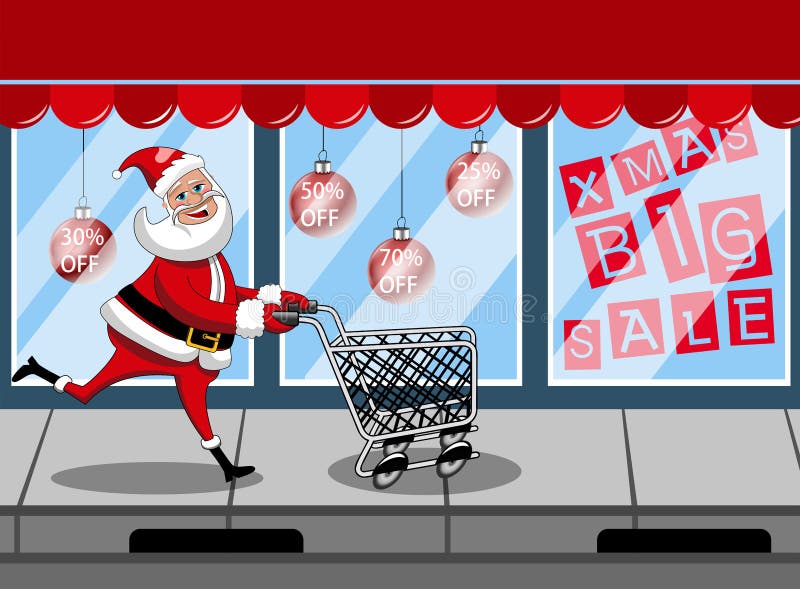 Santa Claus Going Shopping Pushing Empty Cart Stock Vector