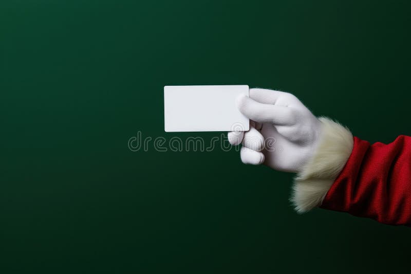 Santa Claus hand holds white credit card. Christmas gifts buying. Close up view. Santa in festive red suit presents blank card. royalty free illustration