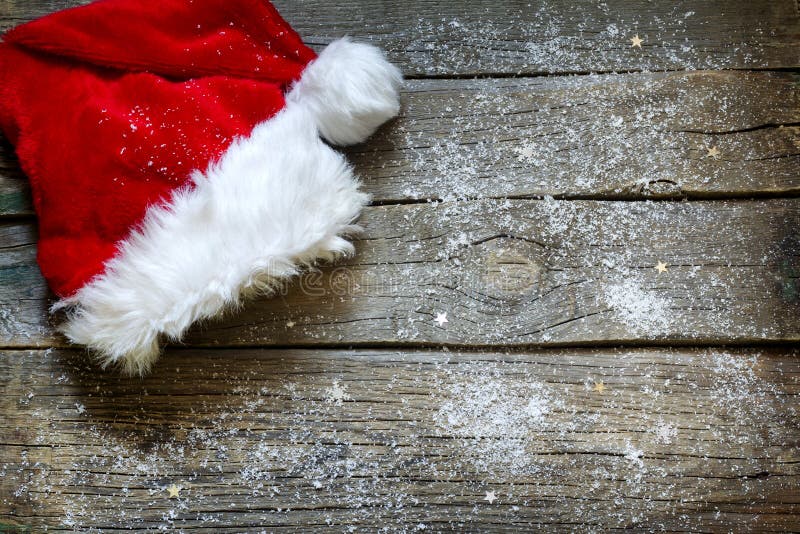 Cappello di babbo Natale in vintage tavole di legno di natale, sfondo, concetto.