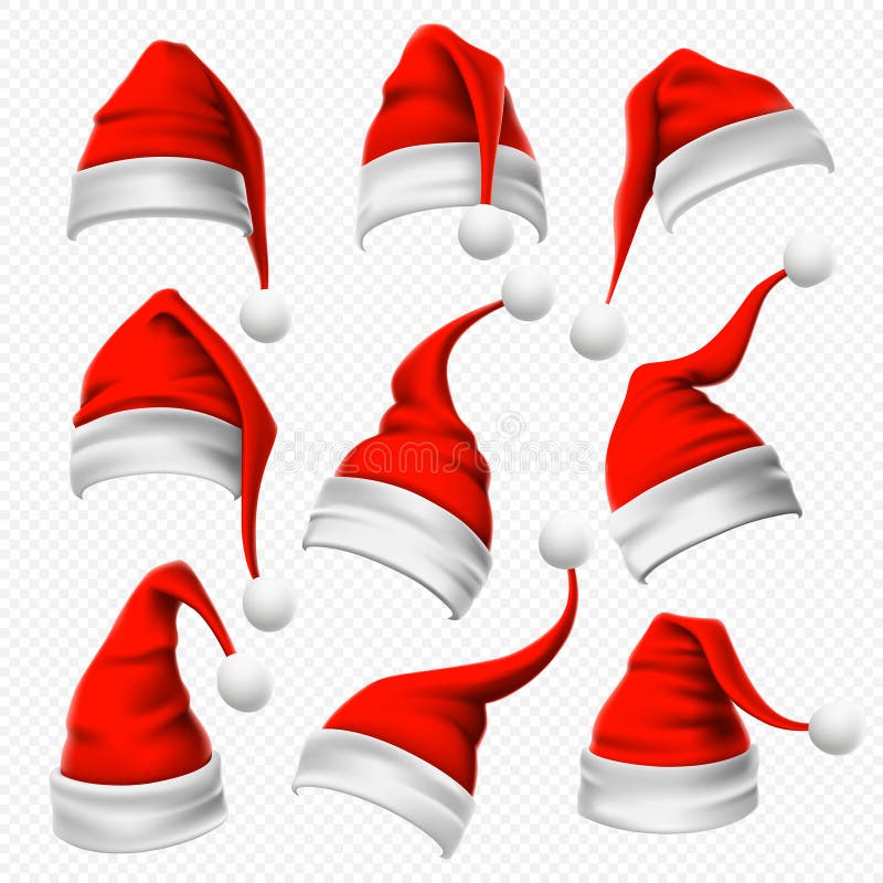 Santa Claus hattar Jul röd hatt, päls- huvudbonad för xmas och vektor för garnering 3D för kläder för huvud för vinterferier stäl royaltyfri illustrationer Santa Claus hattar Jul röd hatt, päls- huvudbonad för xmas och vektor för garnering 3D för kläder för huvud för vinterferier stäl royaltyfri illustrationer