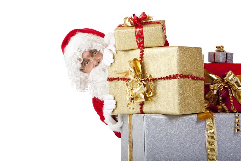 Santa Claus Hiding Behind Christmas Gift Boxes Stock Photo Image of