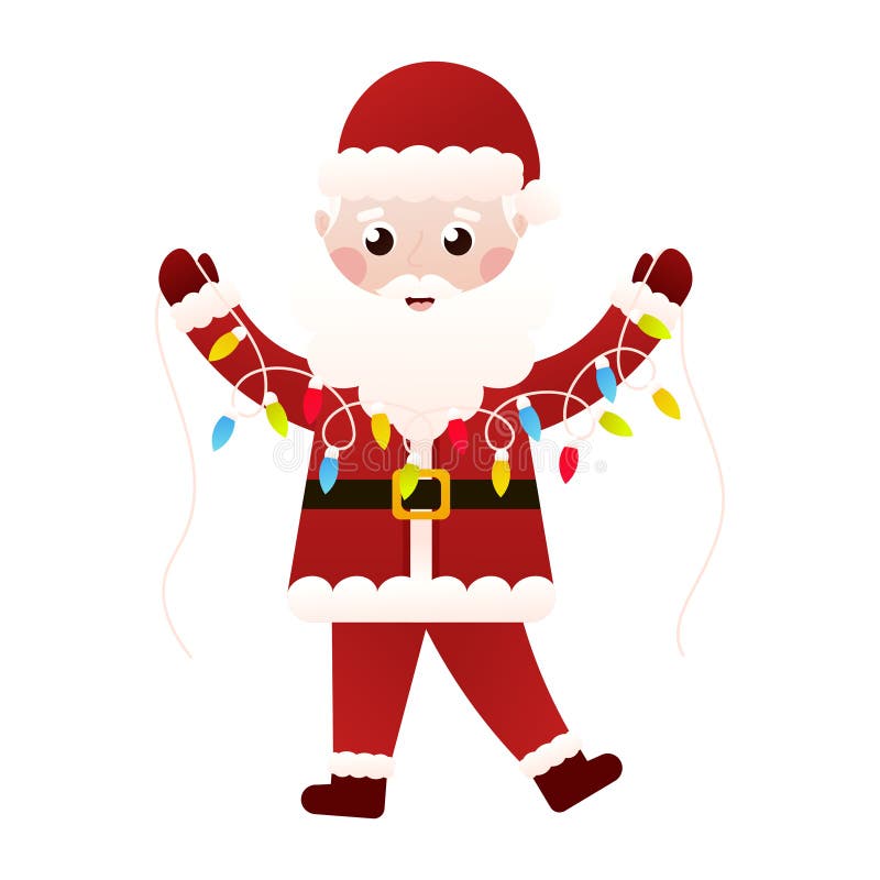 Santa Claus holding christmas lights garland in cartoon style on white background, clip art for poster design or greetings cards, invitations