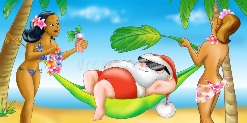 Divertente illustrazione di Babbo Natale in spiaggia con ragazze sexy.