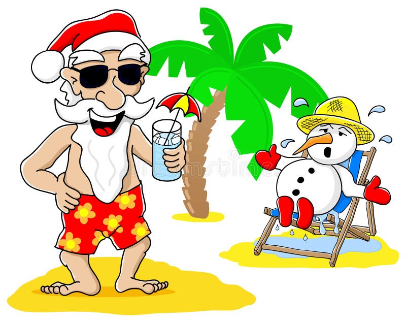 Santa Claus i bałwan przy bożymi narodzeniami na wakacje przy plażą royalty ilustracja Santa Claus i bałwan przy bożymi narodzeniami na wakacje przy plażą royalty ilustracja