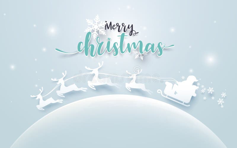 Santa Claus i en pulka och renen på månen med glad jul smsar på mjuk blå bakgrund pappers- konststil stock illustrationer Santa Claus i en pulka och renen på månen med glad jul smsar på mjuk blå bakgrund pappers- konststil stock illustrationer