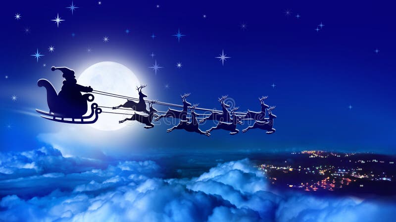 Santa Claus i en släde- och rensläde flyger över jord på bakgrund av fullmånen royaltyfri illustrationer Santa Claus i en släde- och rensläde flyger över jord på bakgrund av fullmånen royaltyfri illustrationer