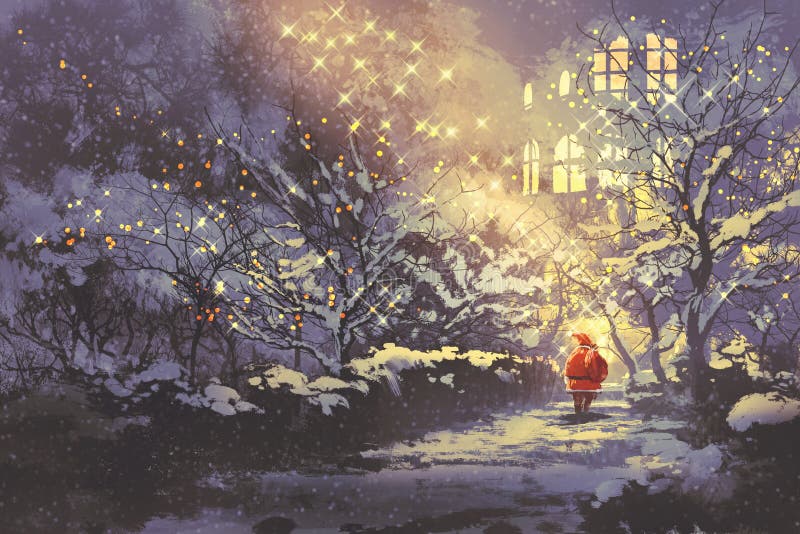 Santa Claus i snöig vintergränd i parkera med julljus på träd