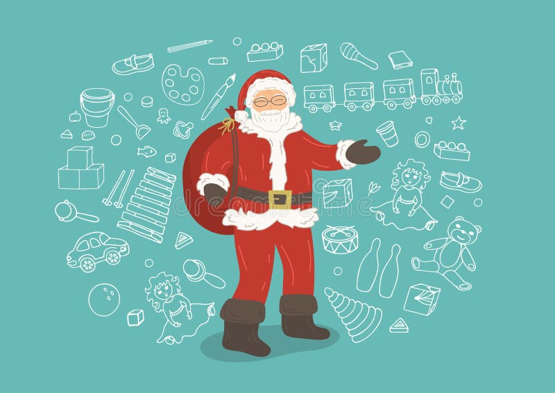 Santa Claus med klotter av leksaker på bakgrund stock illustrationer Santa Claus med klotter av leksaker på bakgrund stock illustrationer