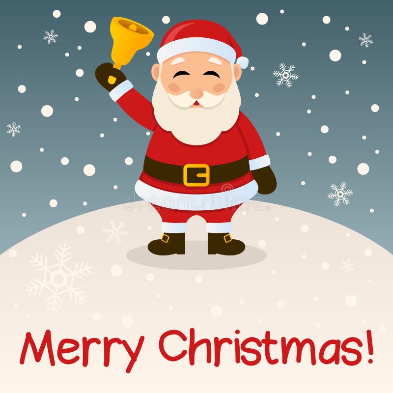 Veselé Vánoční karta s karikatura Santa Claus drží zvon v zasněžené scény.