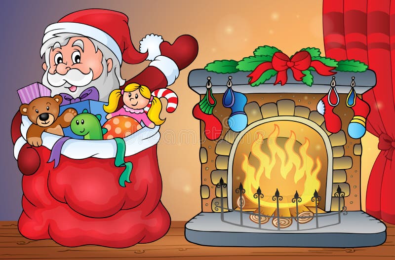 Santa Claus mit Geschenken durch Kamin vektor abbildung Santa Claus mit Geschenken durch Kamin vektor abbildung