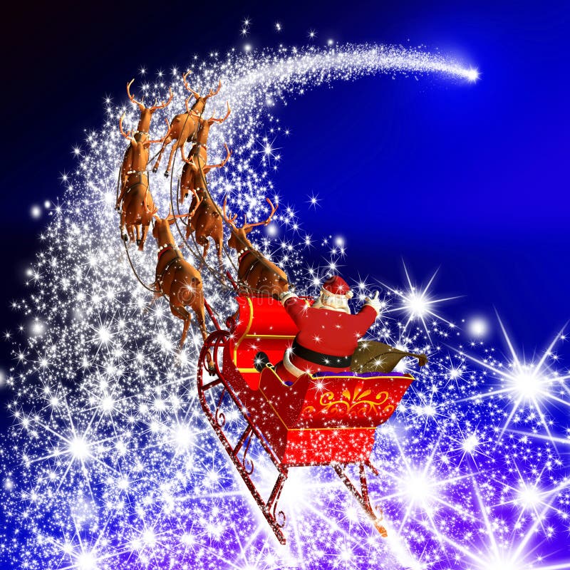 Santa Claus mit Ren-Pferdeschlitten-Fliegen auf einer Sternschnuppe - Blau stock abbildung Santa Claus mit Ren-Pferdeschlitten-Fliegen auf einer Sternschnuppe - Blau stock abbildung