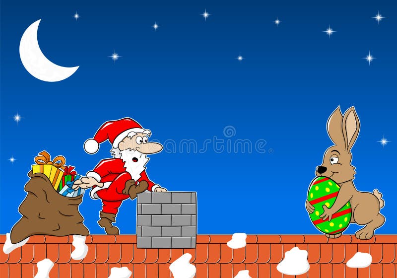 Santa Claus möter den easter kaninen på ett tak stock illustrationer