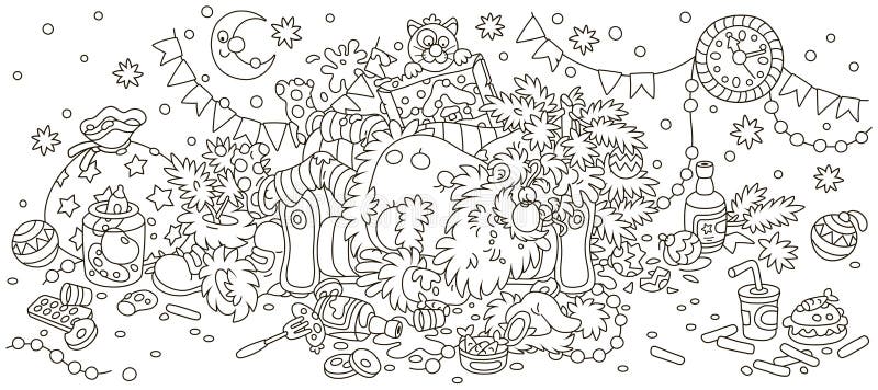 Father Christmas is slightly drunk and sleeping on his couch in a scary mess, black and white outlined vector illustration in a cartoon style to print on a cup. Father Christmas is slightly drunk and sleeping on his couch in a scary mess, black and white outlined vector illustration in a cartoon style to print on a cup