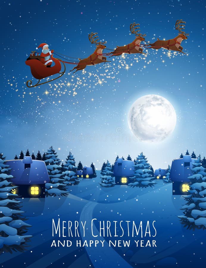 Santa Claus no trenó do voo dos cervos com renas Árvore de abeto da neve da paisagem do Natal na noite e na lua grande Conceito p