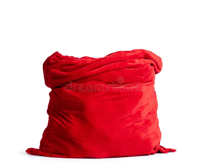 Santa Claus open red bag full, isolated on white background. File contains a path to isolation.