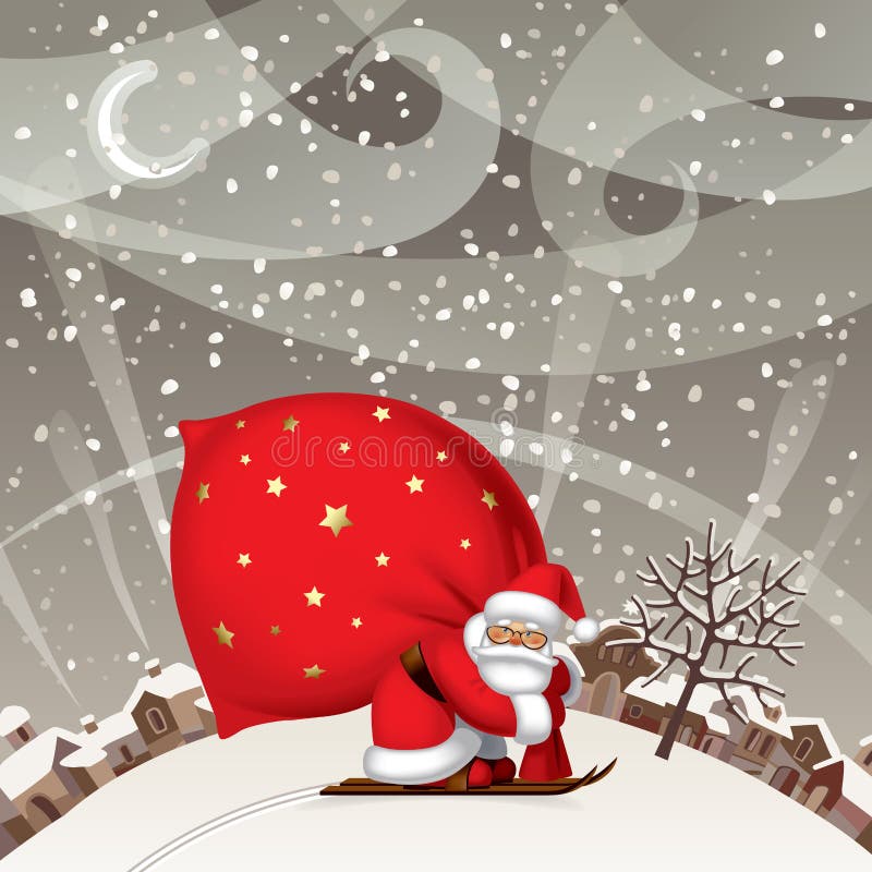 Santa Claus pelo esqui com um saco grande vermelho contra o landsc do inverno ilustração royalty free Santa Claus pelo esqui com um saco grande vermelho contra o landsc do inverno ilustração royalty free