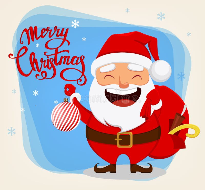 Santa Claus, personnage de dessin animé drôle Santa de sourire tenant le sac avec le jouet de présents et d'arbre de Noël illustration stock Santa Claus, personnage de dessin animé drôle Santa de sourire tenant le sac avec le jouet de présents et d'arbre de Noël illustration stock