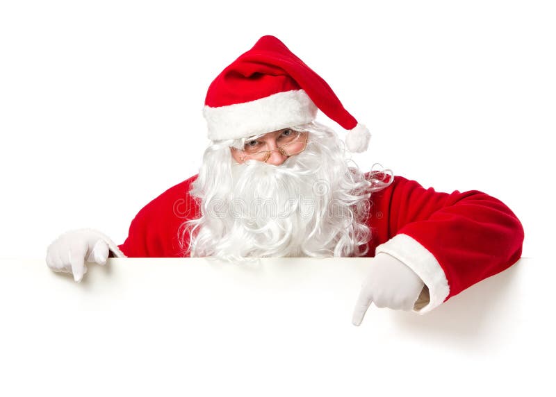 Babbo Natale di puntamento in bianco banner pubblicità isolato su sfondo bianco con copia spazio.