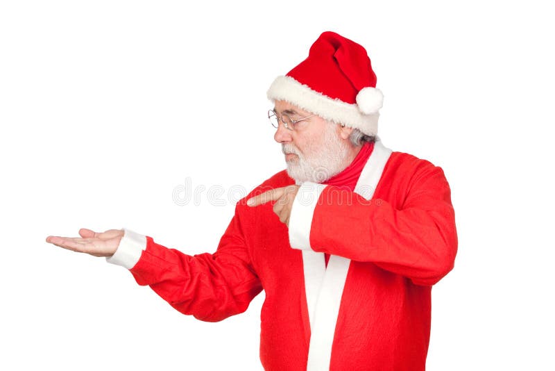 Santa Claus pointing to the outstretched palm