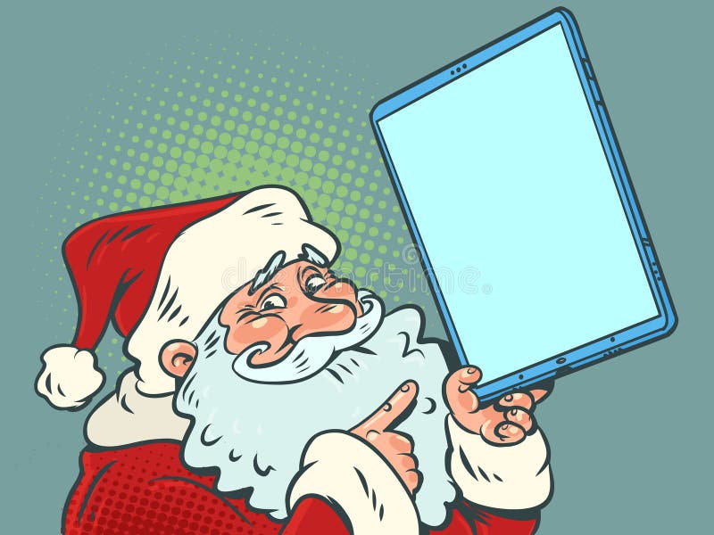Santa Claus points to a blank electronic tablet. The upcoming New Year holiday. Selection of gifts on marketplaces. stock illustration