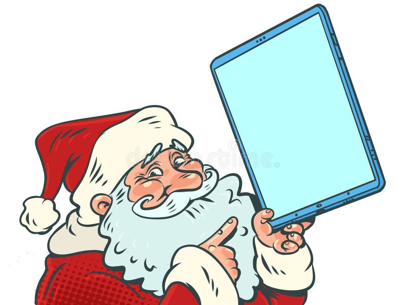 Santa Claus points to a blank electronic tablet. The upcoming New Year holiday. Selection of gifts on marketplaces. vector illustration