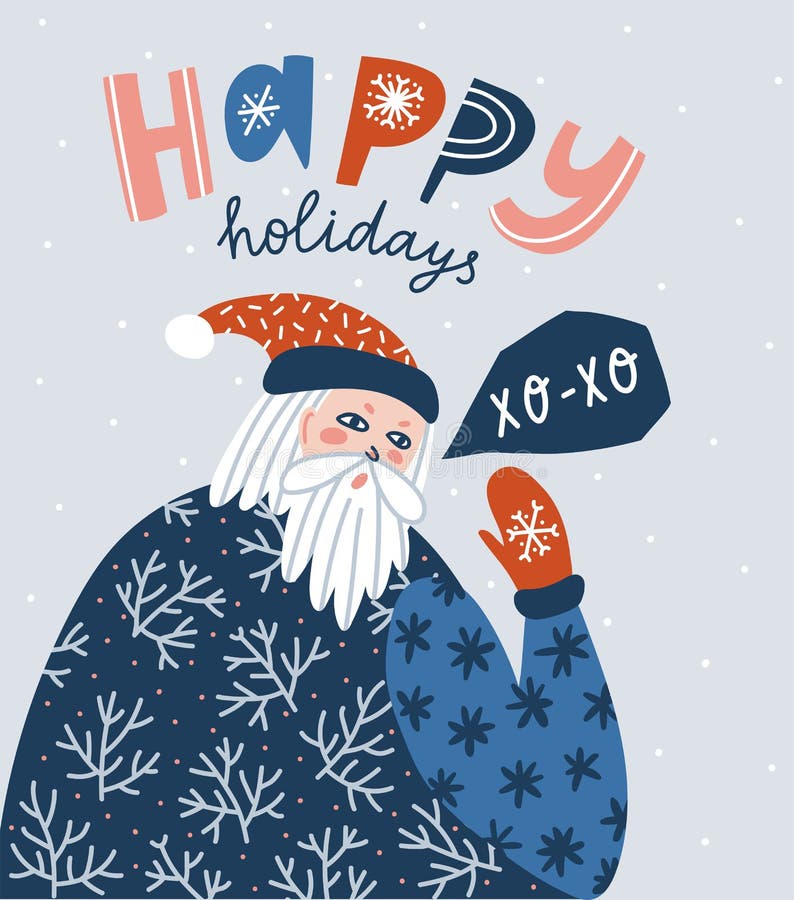 Santa Claus portrait with lettering - `Happy Holidays`. Vector Christmas illustration.