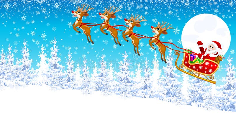 Santa Claus på en släde med renen i vinterskogen vektor illustrationer Santa Claus på en släde med renen i vinterskogen vektor illustrationer