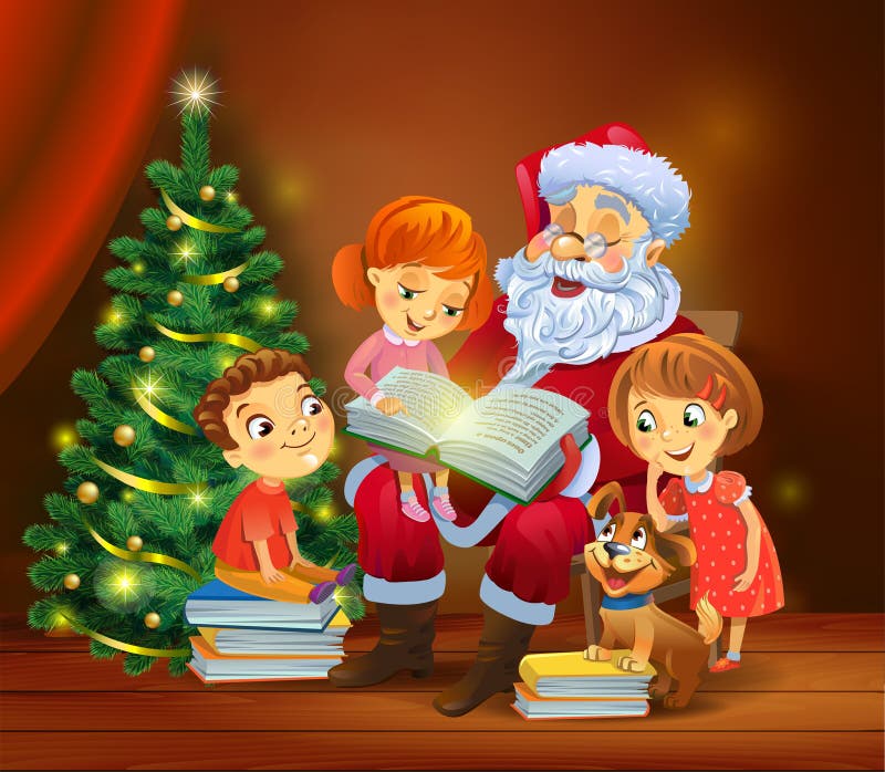 Santa Claus que lê o livro às crianças
