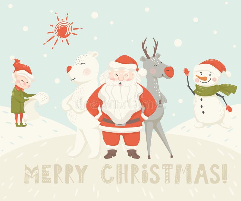 Santa Claus, renna, orso, pupazzo di neve, carta dello scandinavo dell'elfo royalty illustrazione gratis Santa Claus, renna, orso, pupazzo di neve, carta dello scandinavo dell'elfo royalty illustrazione gratis