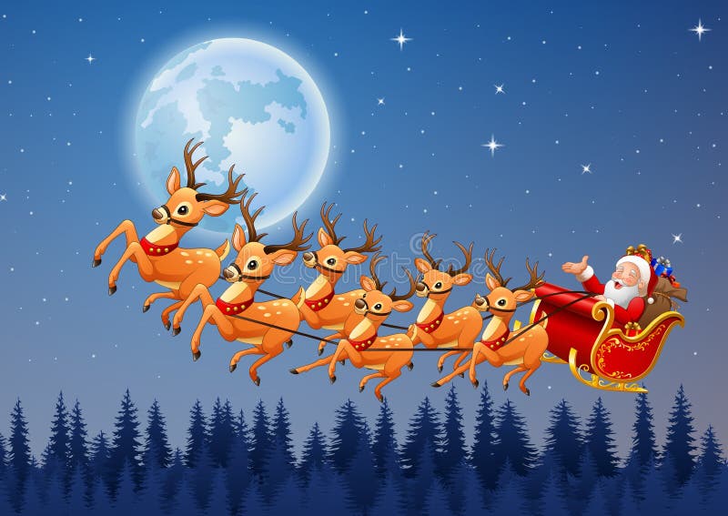 Santa Claus rides reindeer sleigh flying in the sky