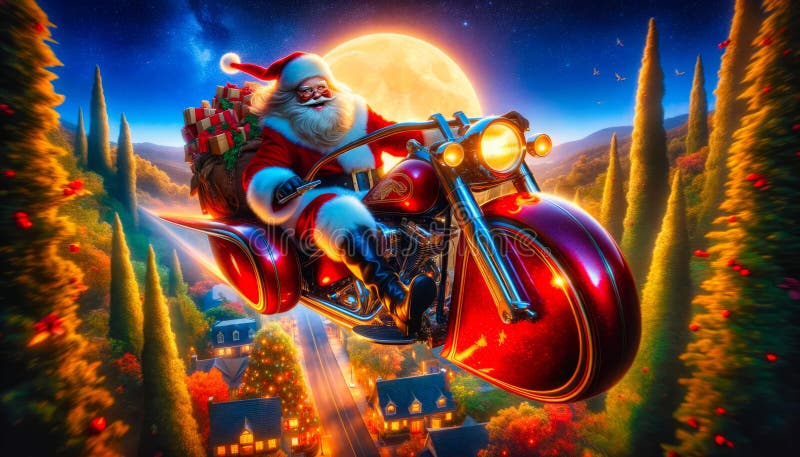 Santa Claus riding a motorcycle over a village with a full moon backdrop.Generative AI