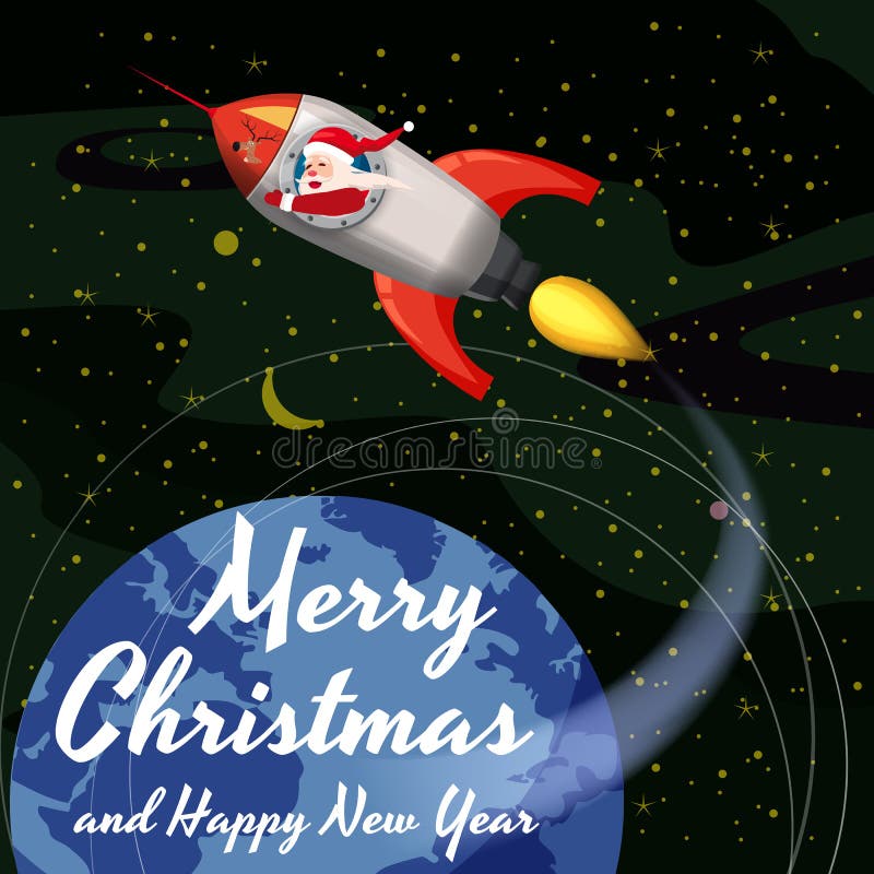 Santa Claus on a rocket flies in space around the Earth, Merry Christmas and Happy New Year. Winter, stars, vector